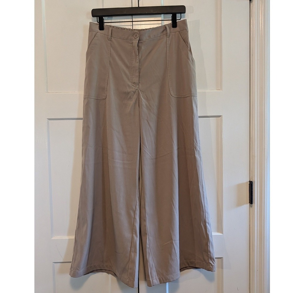 Max Studio London L Taupe Wide Leg Cropped Pants High Rise Elastic Back Pockets